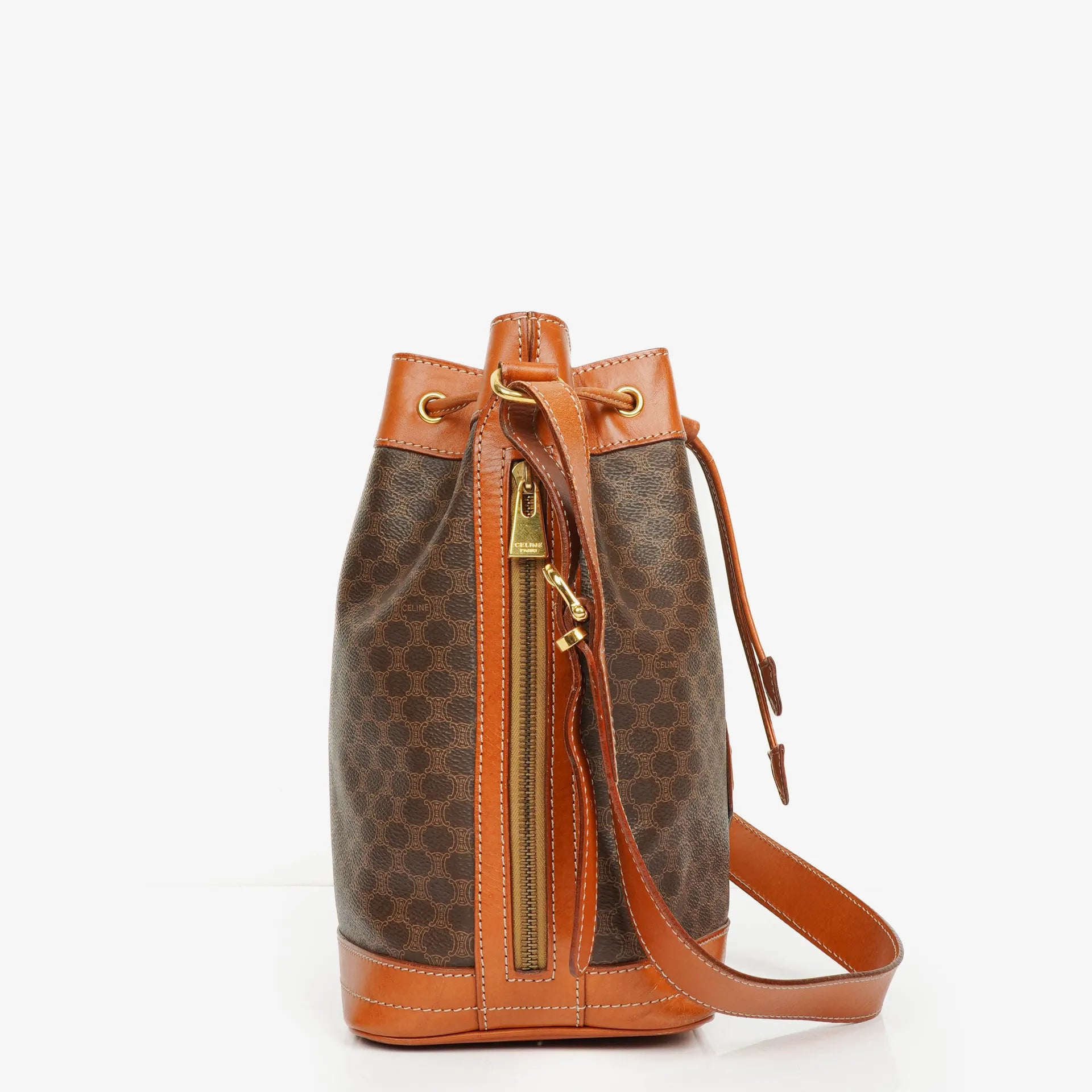 Celine Vintage Macadam Triomphe Brown Drawstring Bucket Bag