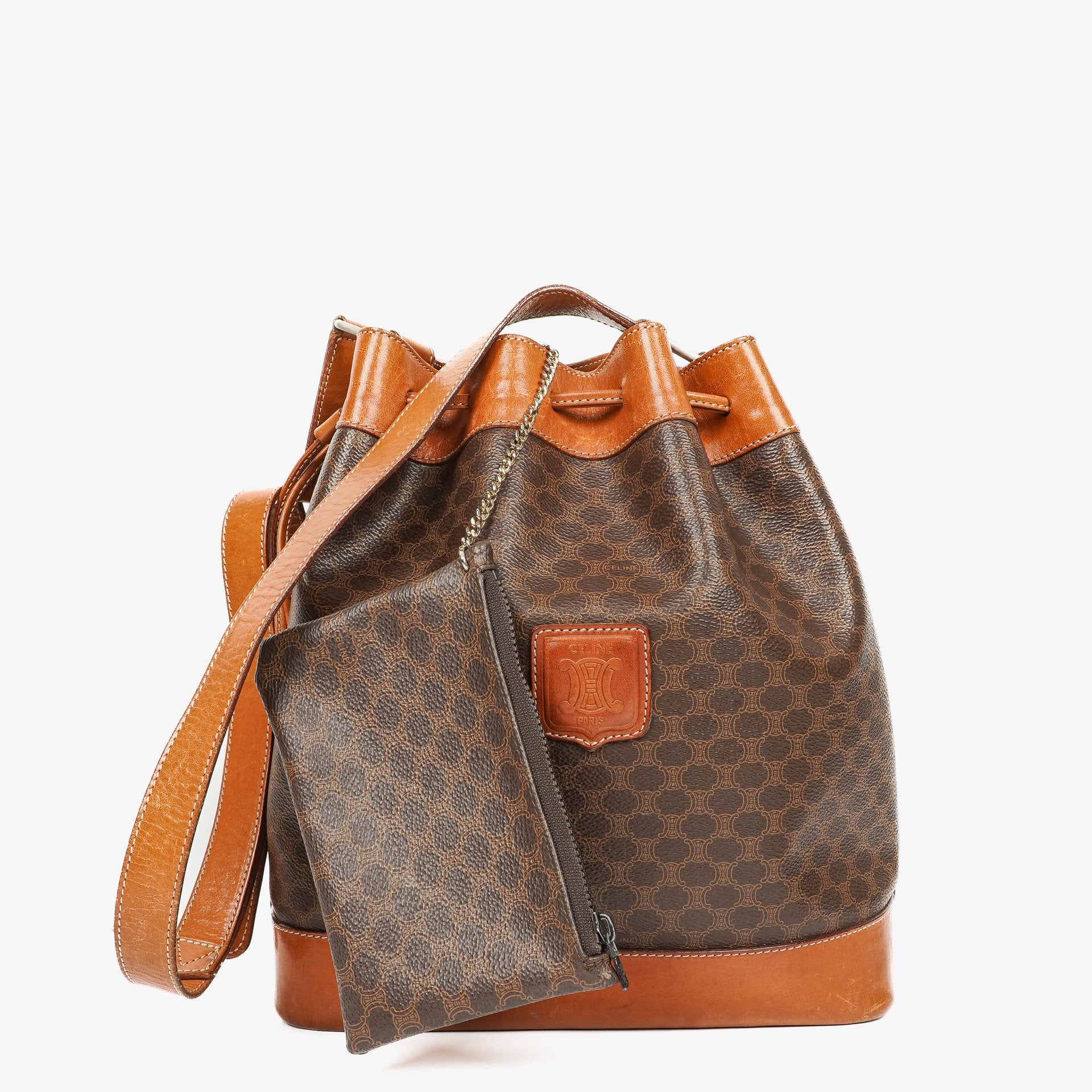Celine Vintage Macadam Triomphe Brown Drawstring Bucket Bag
