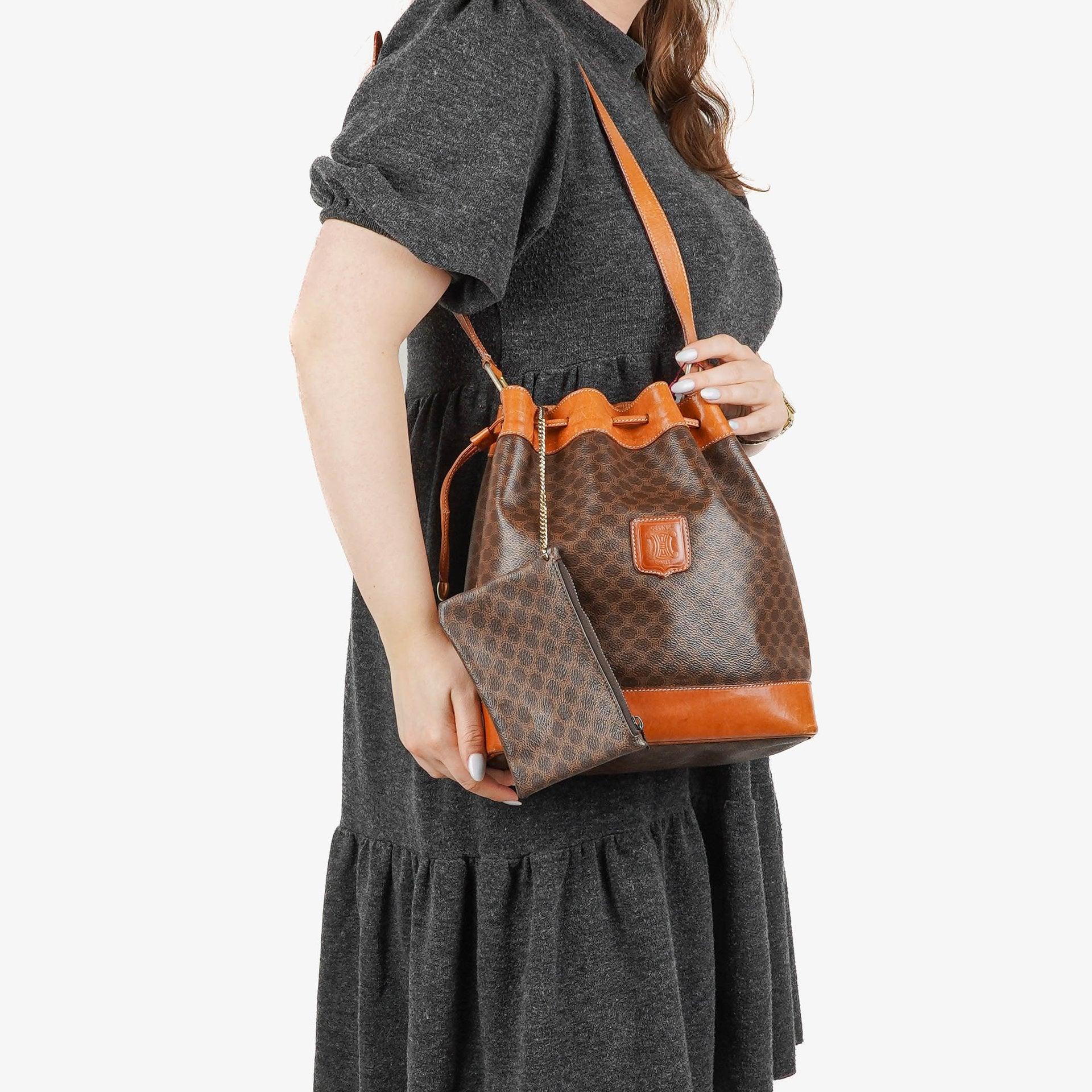 Celine Vintage Macadam Triomphe Brown Drawstring Bucket Bag