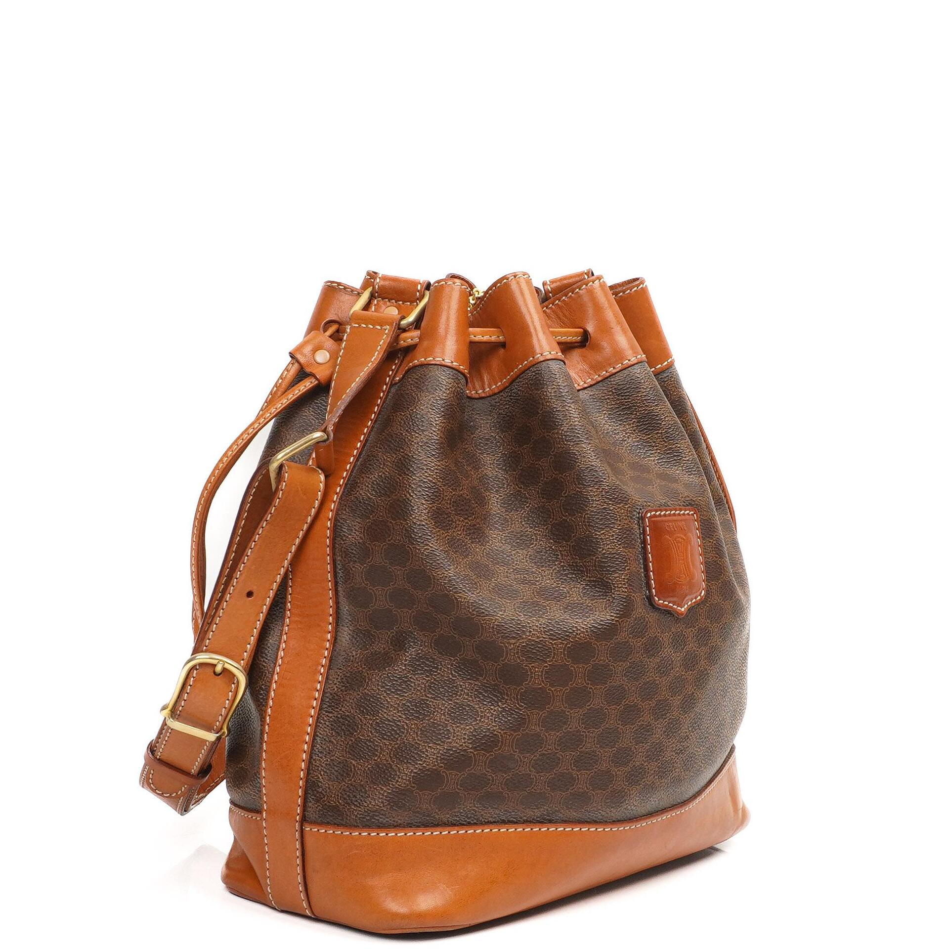 Celine Vintage Macadam Triomphe Brown Drawstring Bucket Bag With Pouch
