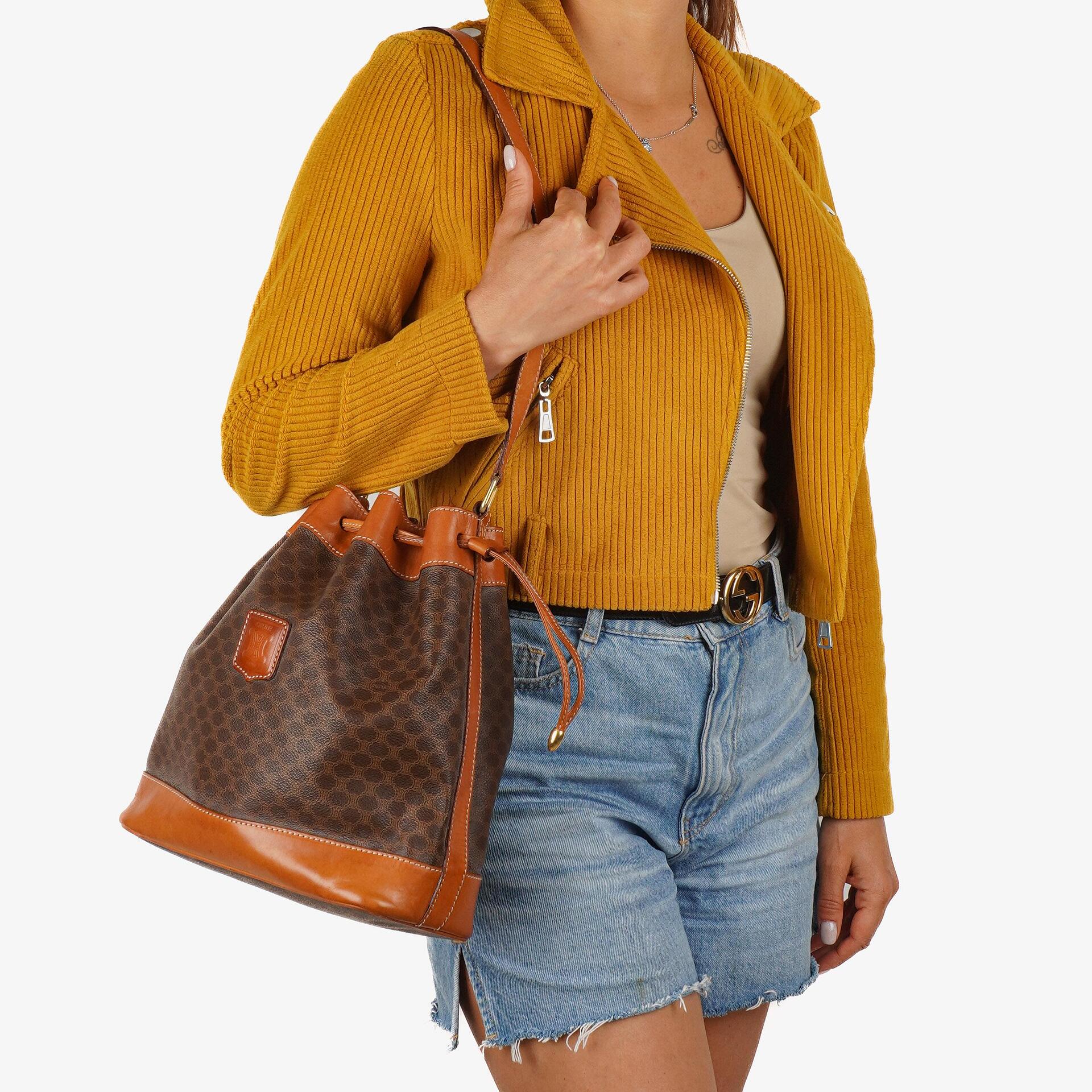 Celine Vintage Macadam Triomphe Brown Drawstring Bucket Bag With Pouch
