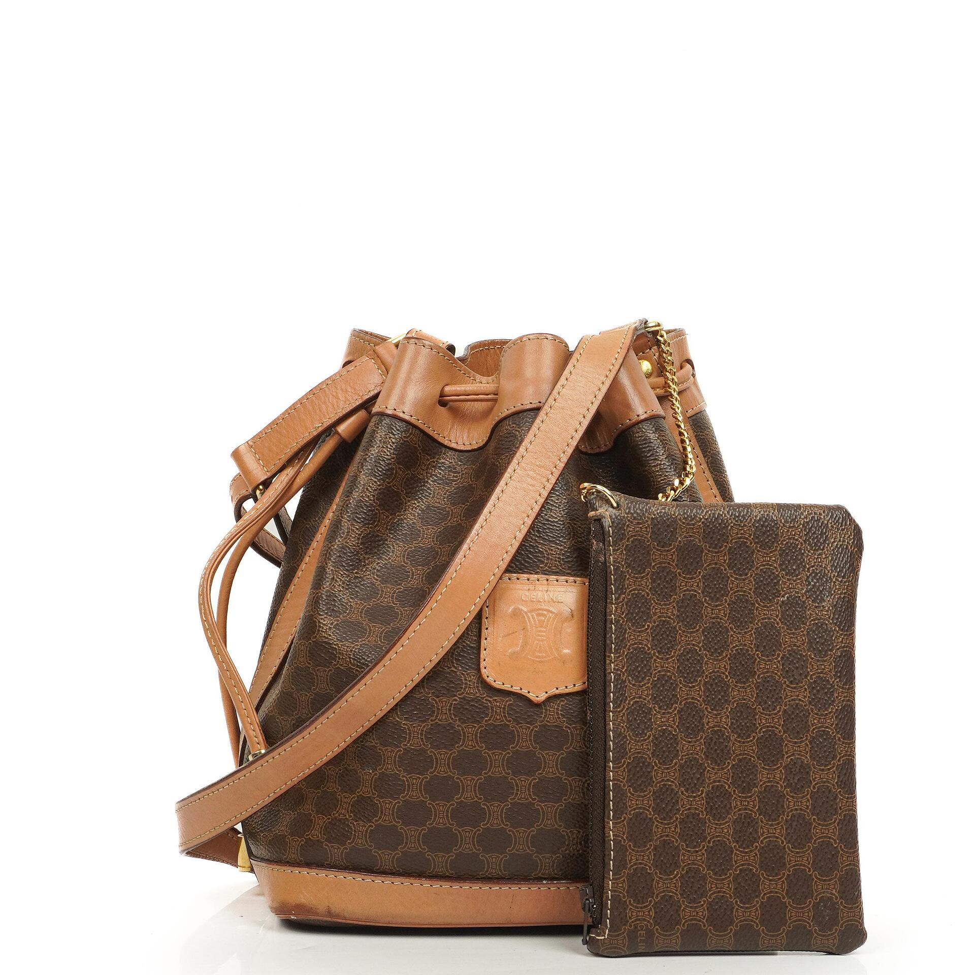 Celine Vintage Macadam Triomphe Brown Drawstring Small Bucket Bag