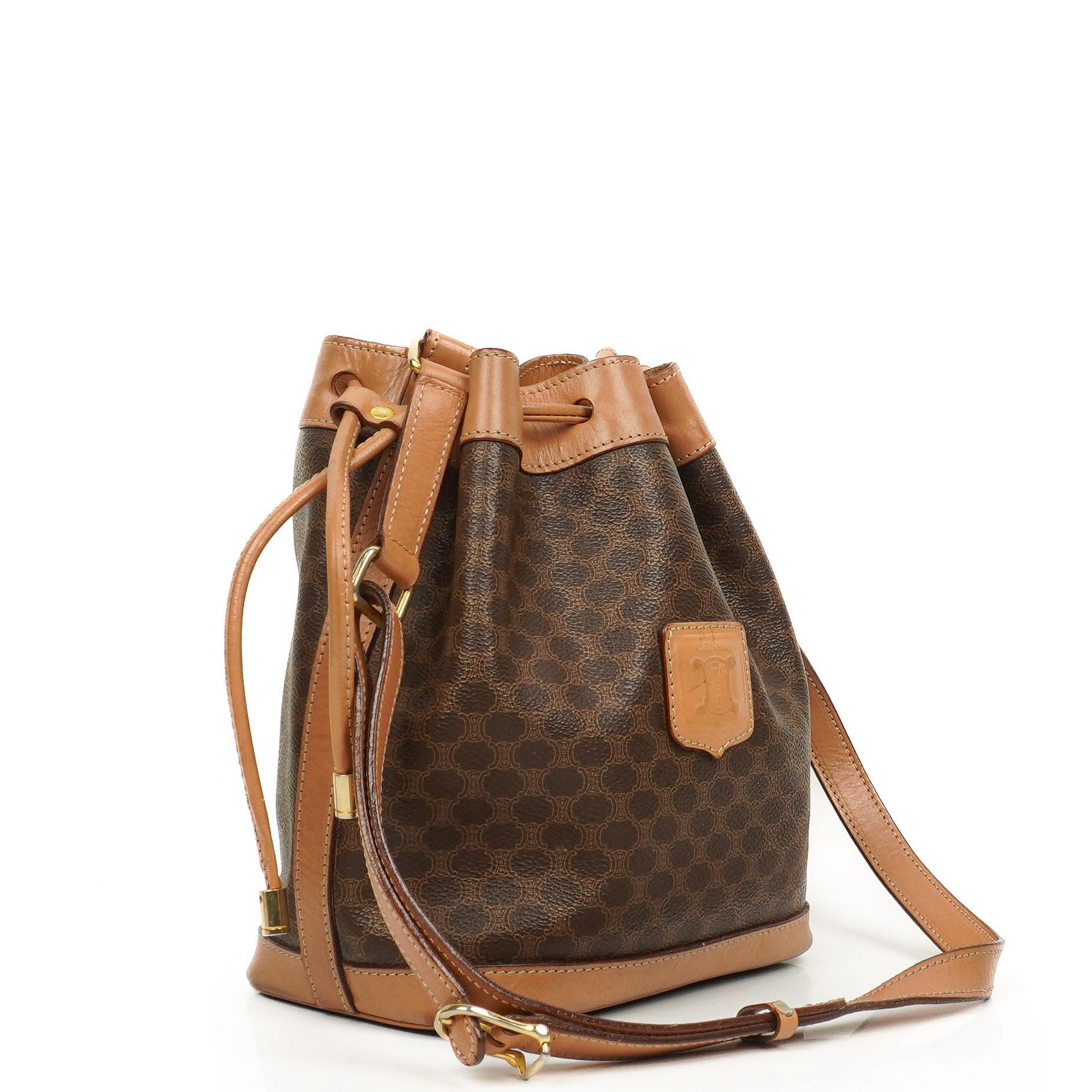 Celine Vintage Macadam Triomphe Brown Drawstring Small Bucket Bag