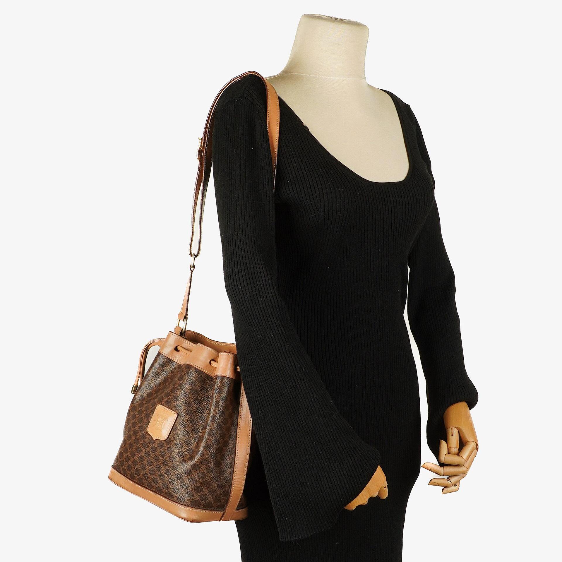 Celine Vintage Macadam Triomphe Brown Drawstring Small Bucket Bag