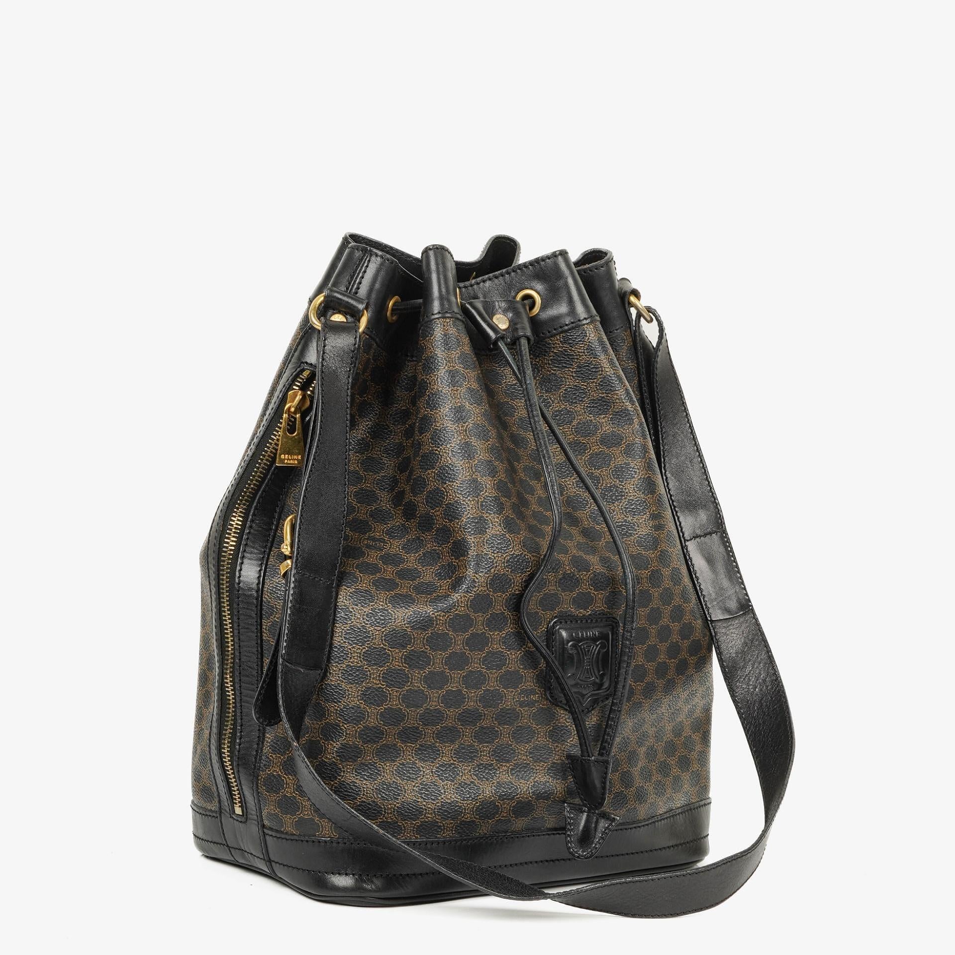 Celine Vintage Macadam Triomphe Drawstring Bucket Bag