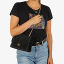 Chanel 2.55 Medium Classic Double Flap Bag Black Quilted Suede Gold Hardware