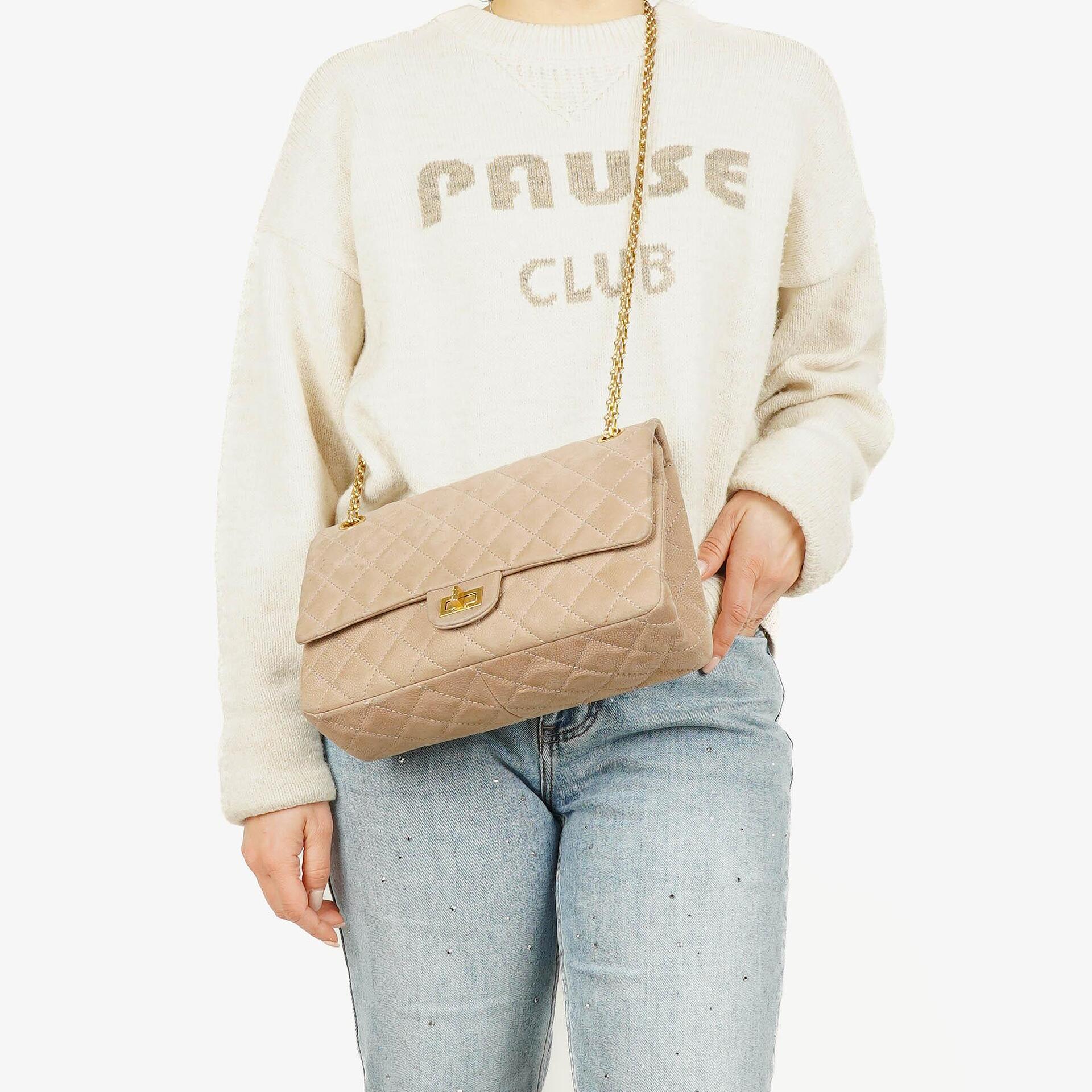 Chanel 2.55 Reissue 227 Flap Bag Beige Quilted Caviar With Gold-Tone Hardware