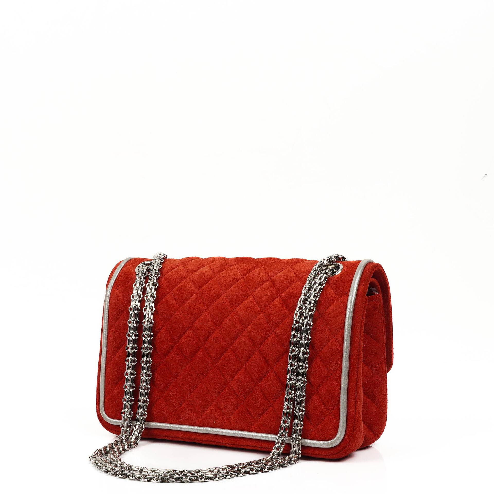 Chanel 2.55 Reissue Medium Double Flap Tasche in rotem Wildleder und silbernem Leder