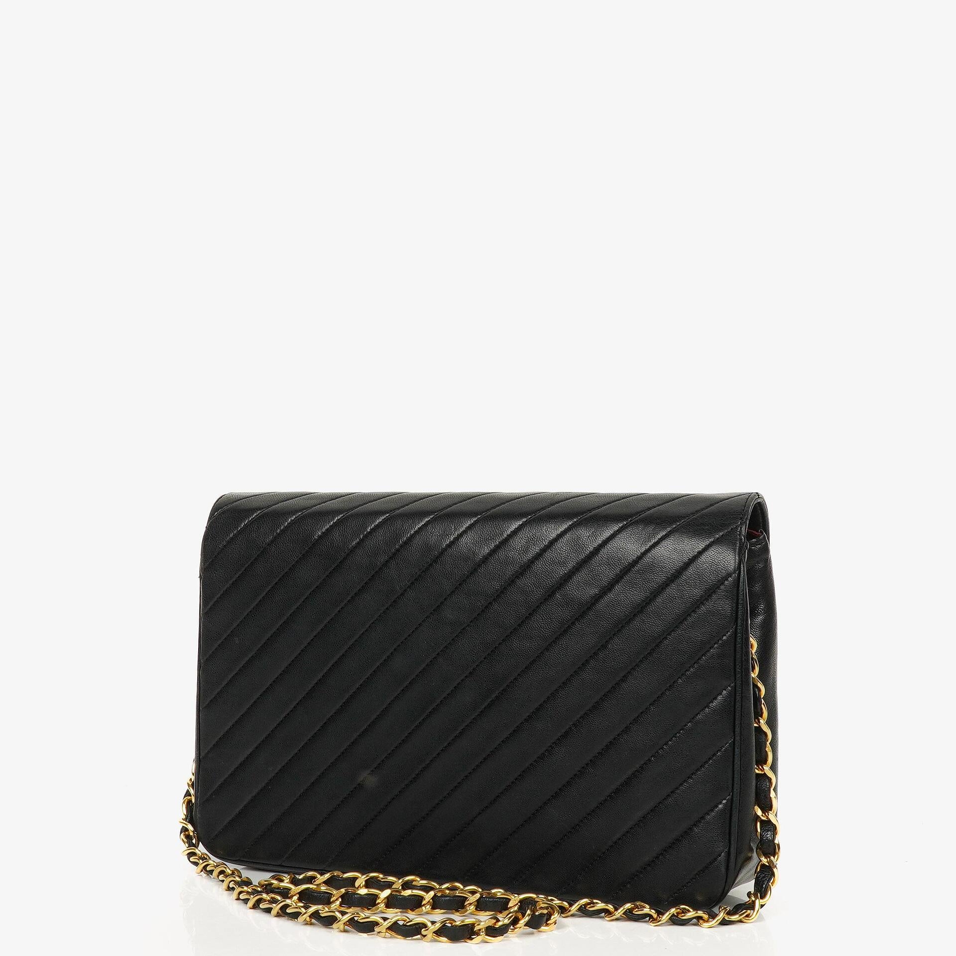 Chanel Black Diagonal Quilted Lambskin Leather Medium Classic Single Flap Bag With 24K Gold-Plated Hardware