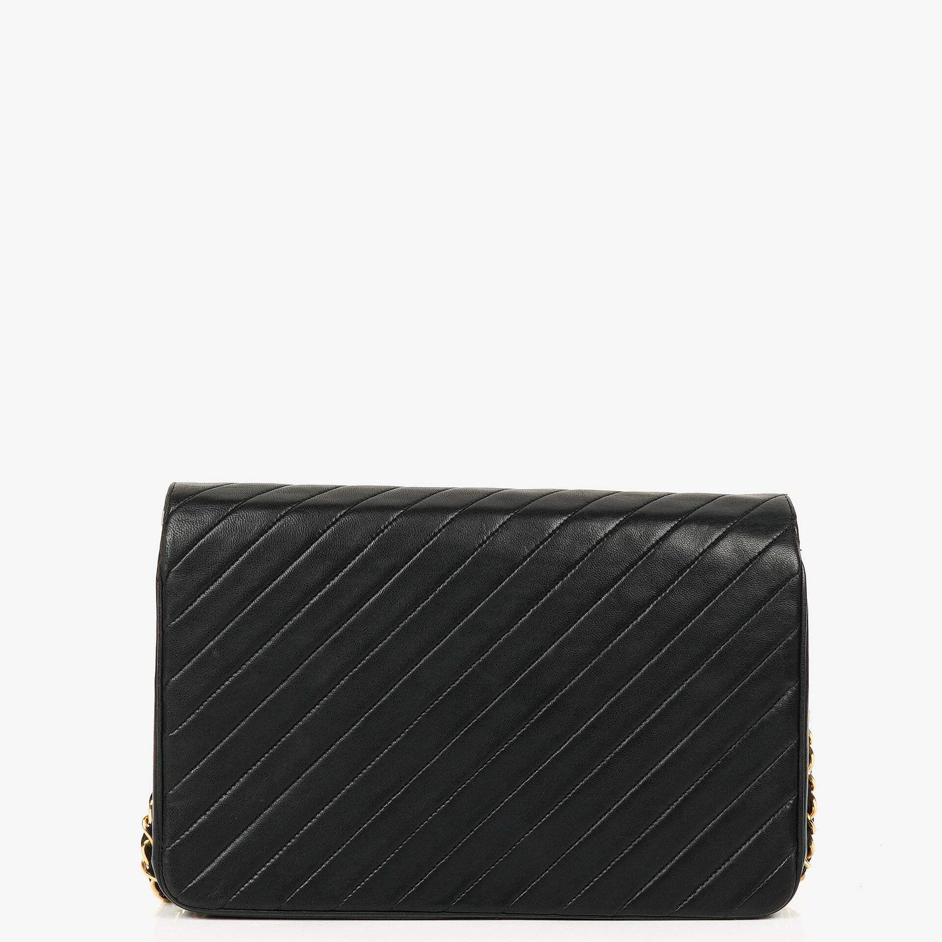 Chanel Black Diagonal Quilted Lambskin Leather Medium Classic Single Flap Bag With 24K Gold-Plated Hardware
