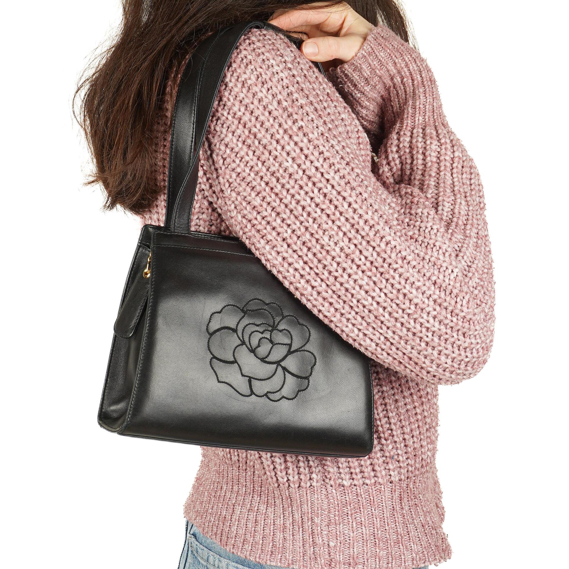 Chanel Black Leather Camellia Top Handle Bag