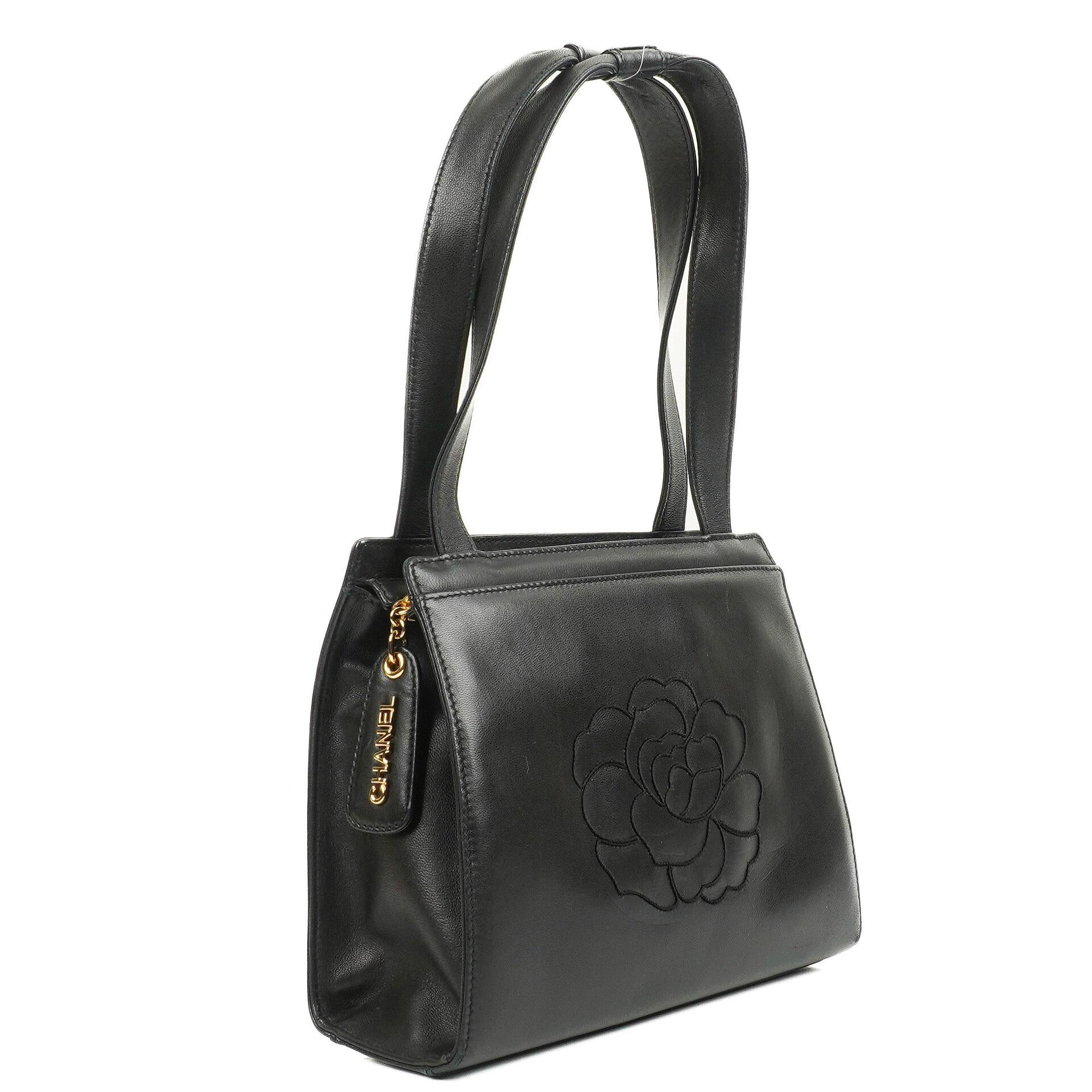 Chanel Black Leather Camellia Top Handle Bag