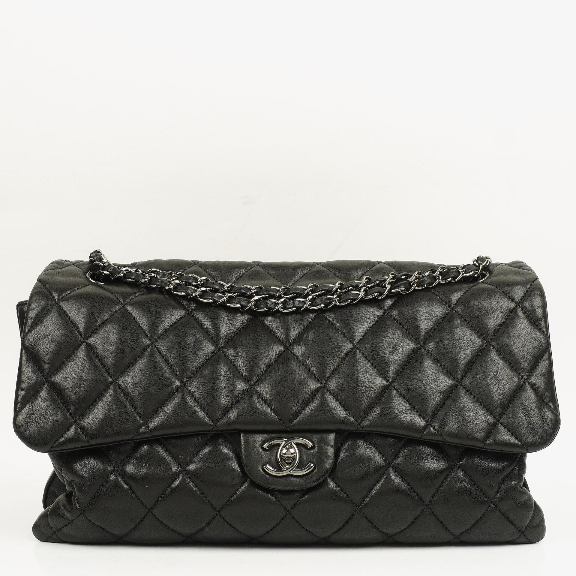 Chanel Black Quilted Lambskin Maxi 3 Accordion Flap Bag