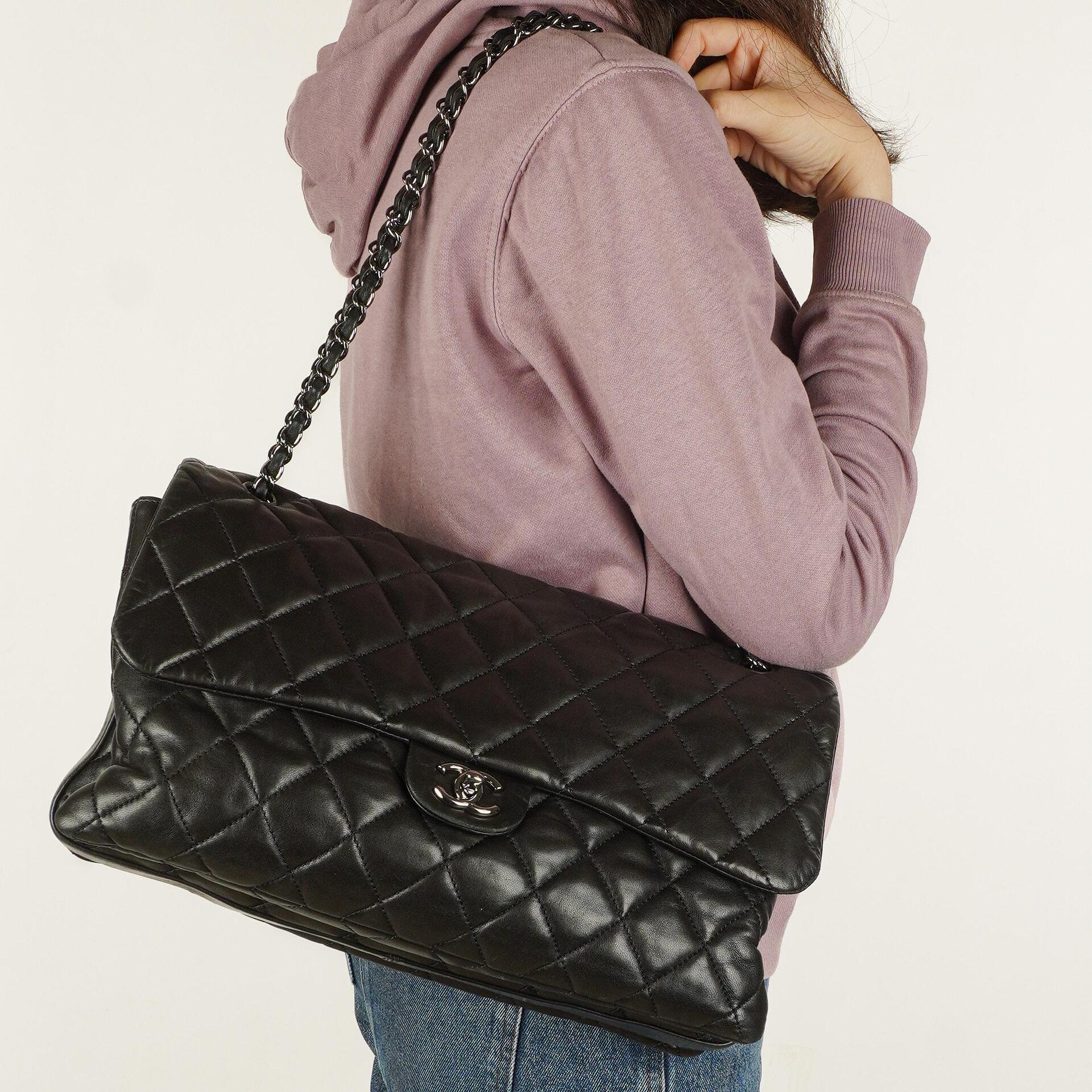 Chanel Black Quilted Lambskin Maxi 3 Accordion Flap Bag