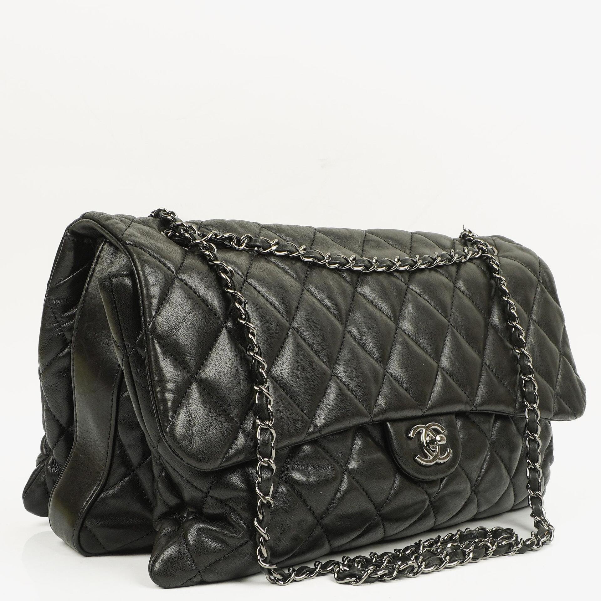 Chanel Black Quilted Lambskin Maxi 3 Accordion Flap Bag