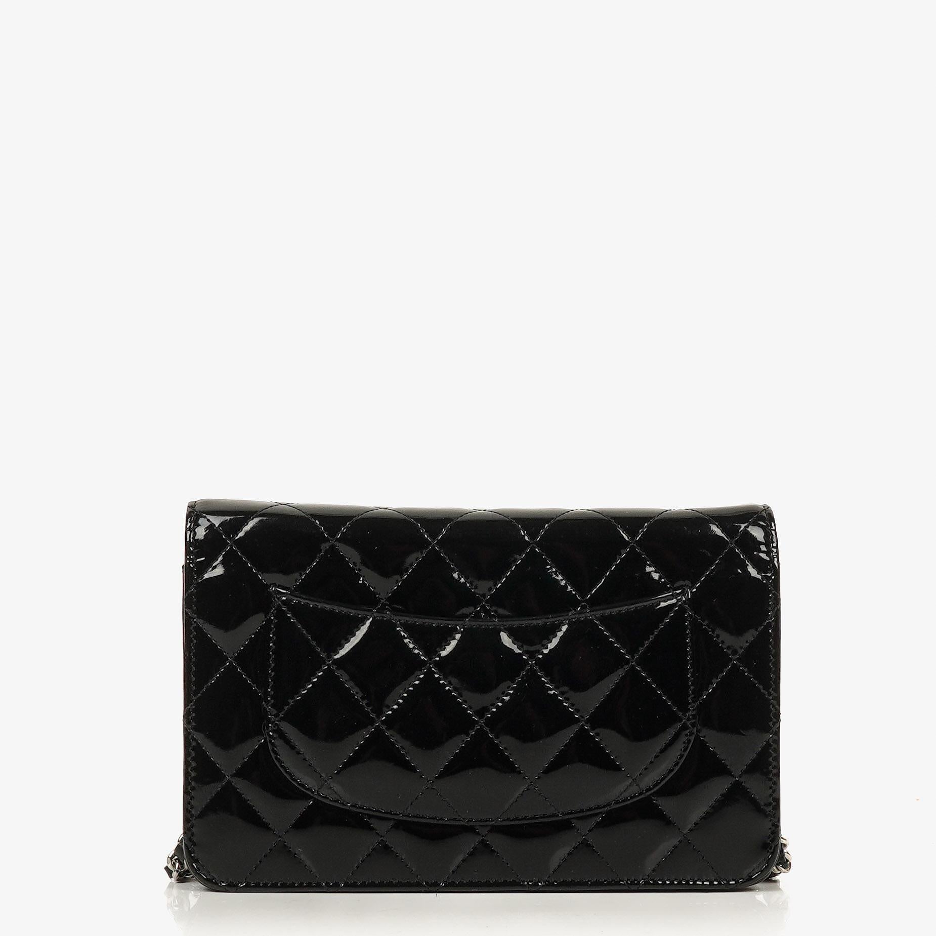 Chanel Black Quilted Patent Leather Wallet On Chain WOC With Silver-Tone Hardware
