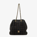 Chanel Black Suede Stitched Chocolate Bar Drawstring Tote Bag