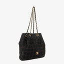 Chanel Black Suede Stitched Chocolate Bar Drawstring Tote Bag
