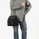 Chanel Black Suede Stitched Chocolate Bar Drawstring Tote Bag