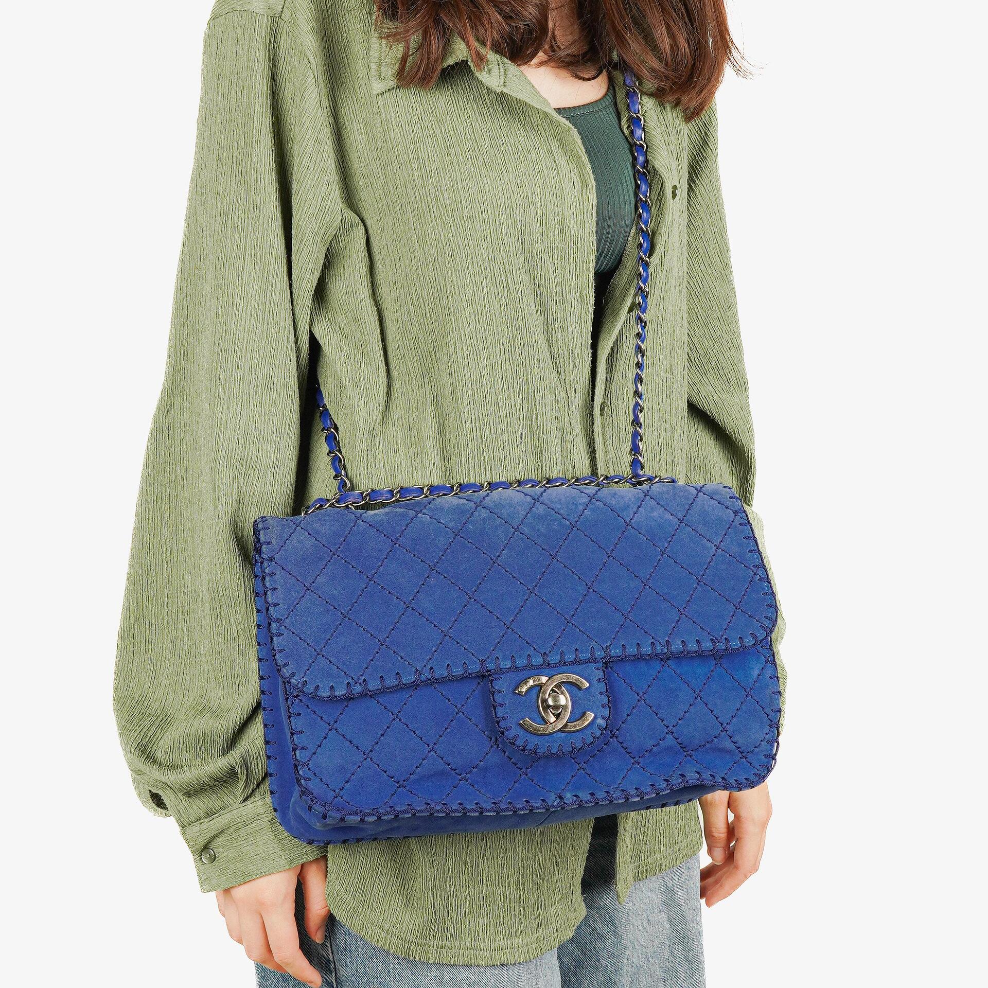Chanel Blue Quilted Suede Whipstitch Large Flap Bag