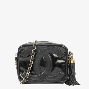 Chanel Camera CC Small Black Patent Leather Tassel Shoulder Bag