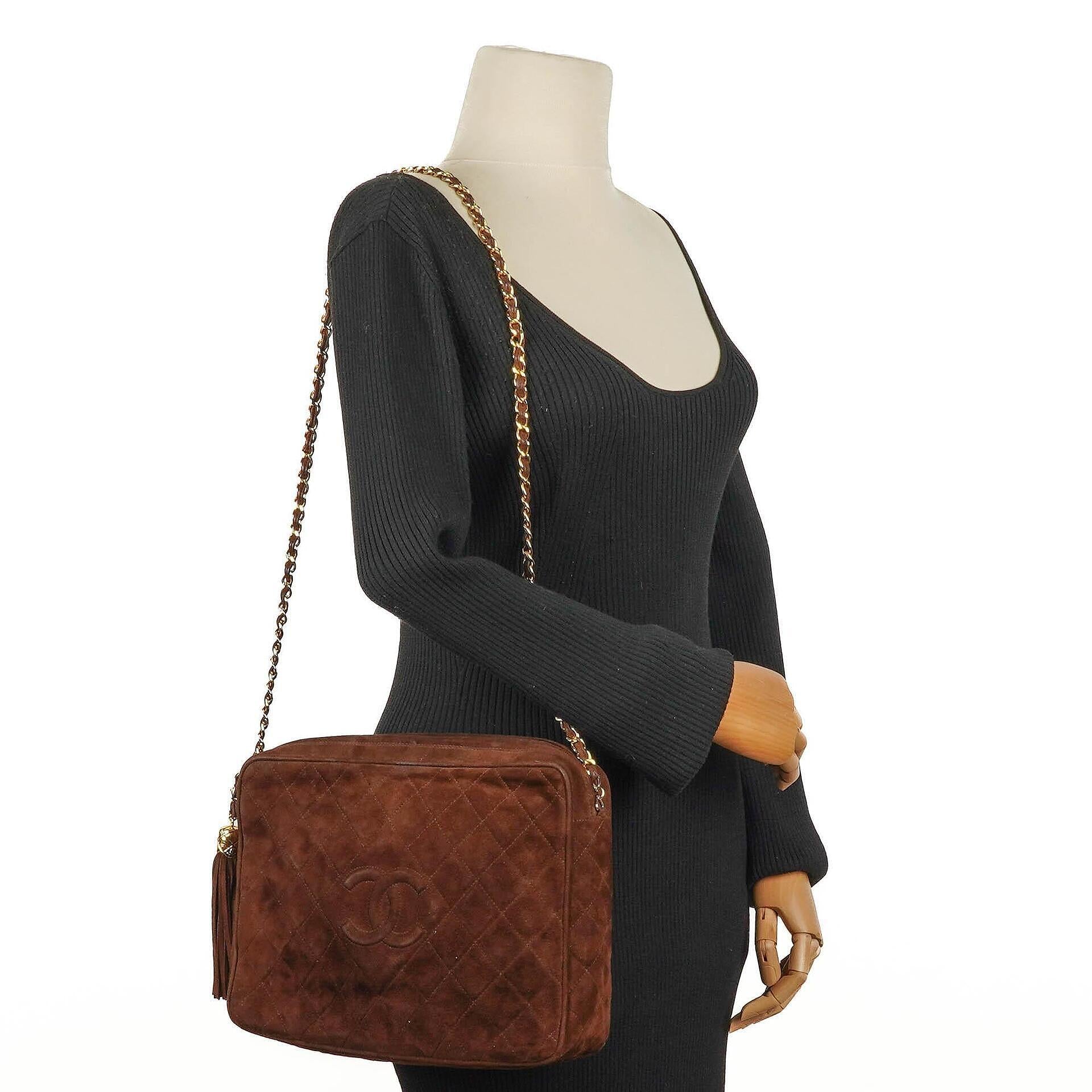 Chanel Camera Tassel Vintage Bag In Brown Quilted Suede