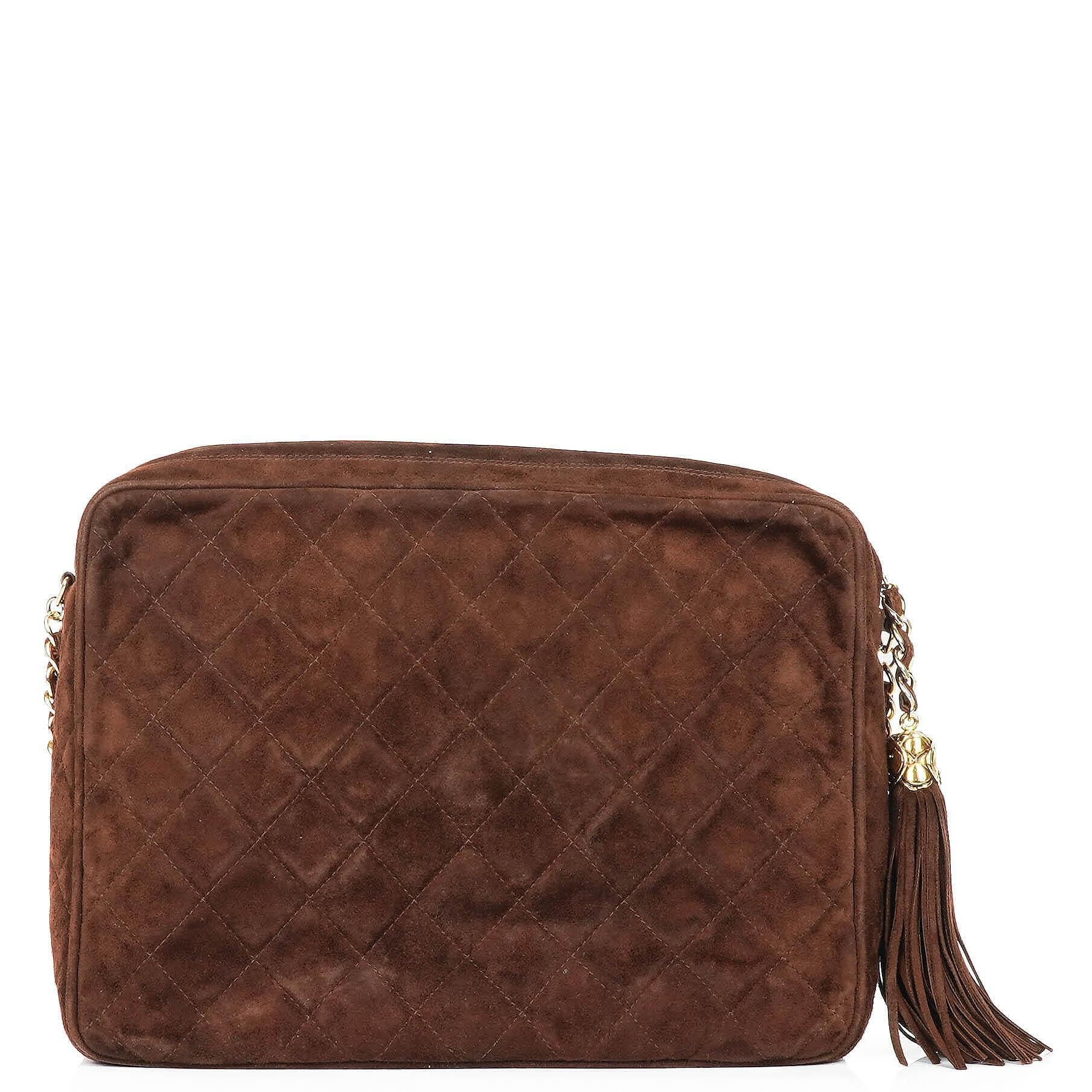Chanel Camera Tassel Vintage Bag In Brown Quilted Suede