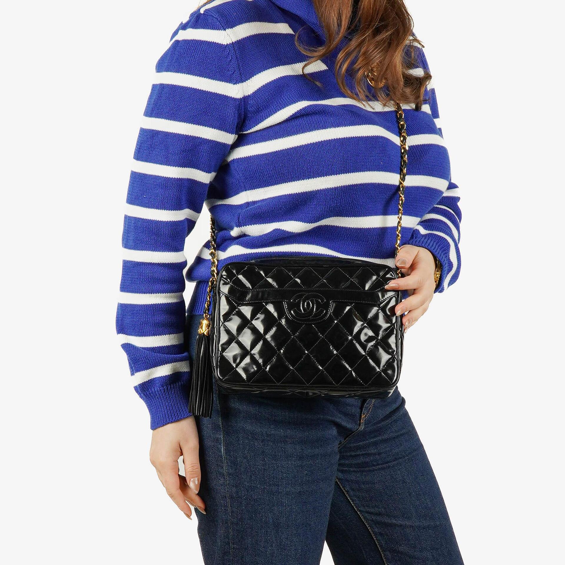 Chanel CC Black Quilted Patent Leather Camera Tassel Bag