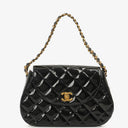 Chanel Chain Top Handle Single Flap Bag Black Quilted Patent Leather 24K Gold-Plated Hardware