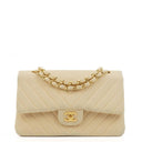 Chanel Chevron Medium Double Flap Bag In Beige Quilted Jersey And 24K Gold-Plated Hardware