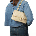 Chanel Chevron Medium Double Flap Bag In Beige Quilted Jersey And 24K Gold-Plated Hardware