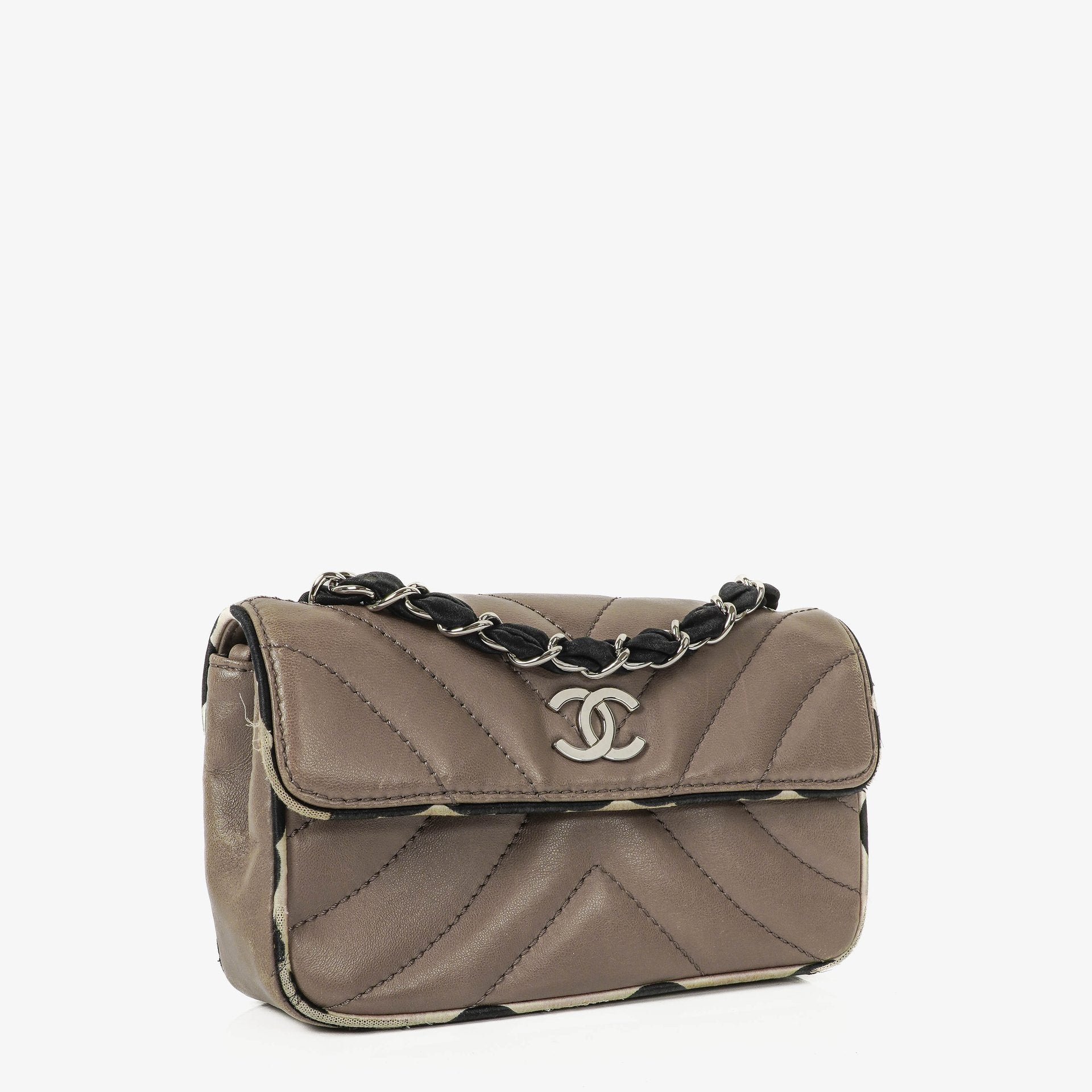 Chanel Chevron Mini Flap Quilted Lambskin And Printed Silk Trim With Silver Hardware