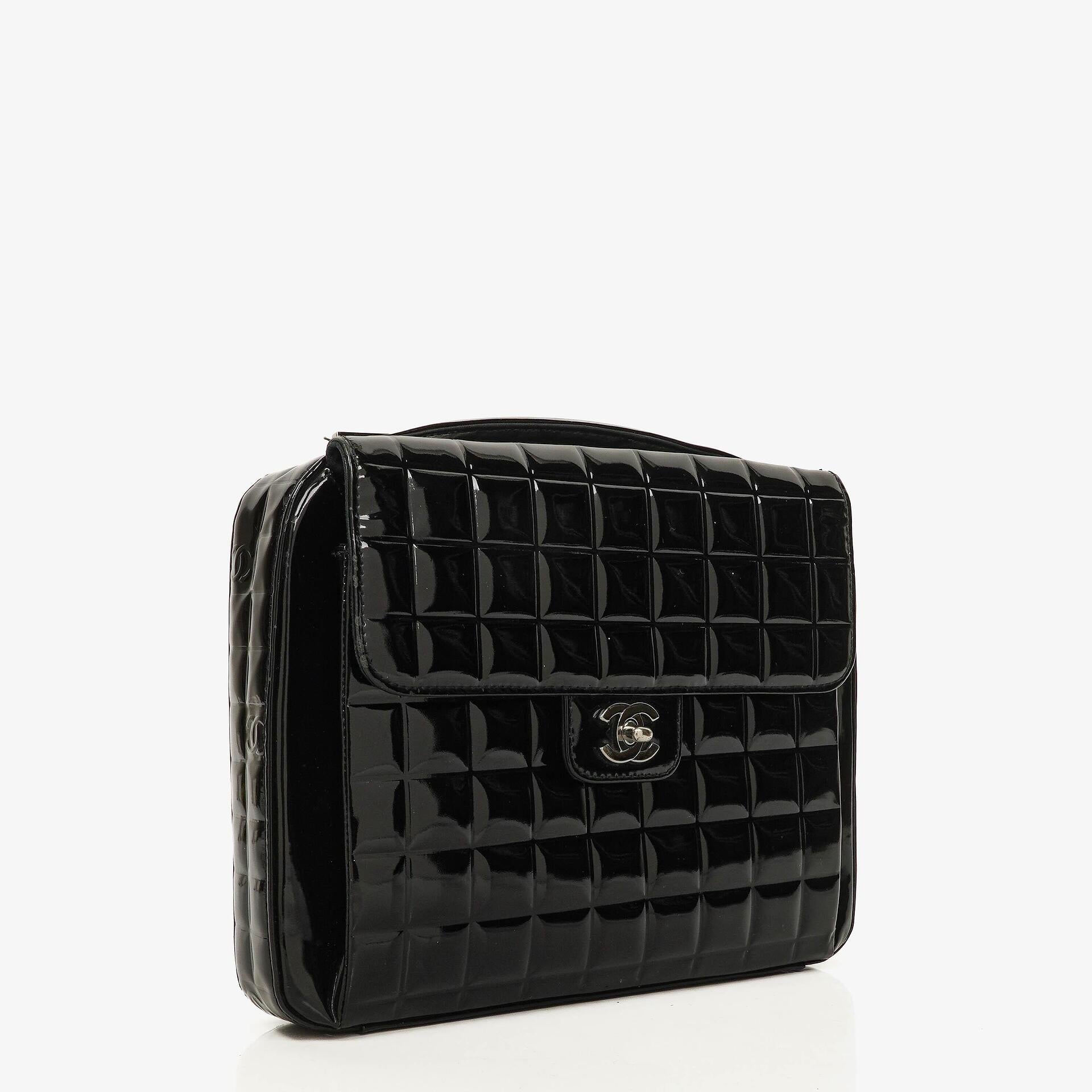 Chanel Chocolate Bar Briefcase Black Patent Leather With Silver Tone Hardware