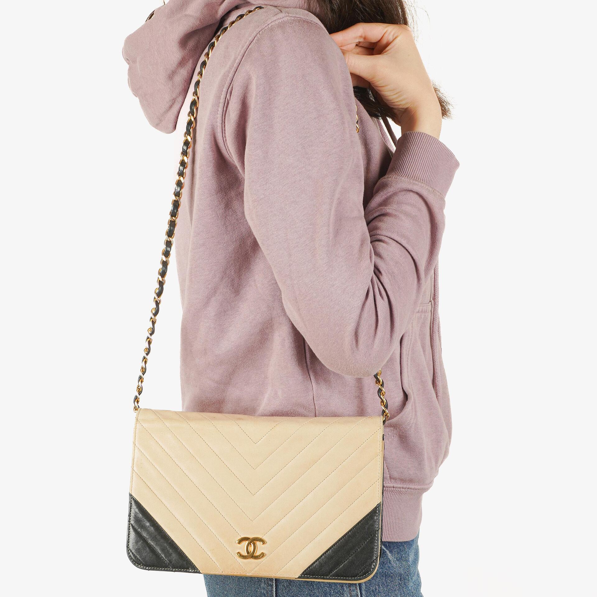 Chanel Classic Full Flap Bag Beige Chevron Quilted Leather 24K Gold-Plated Hardware
