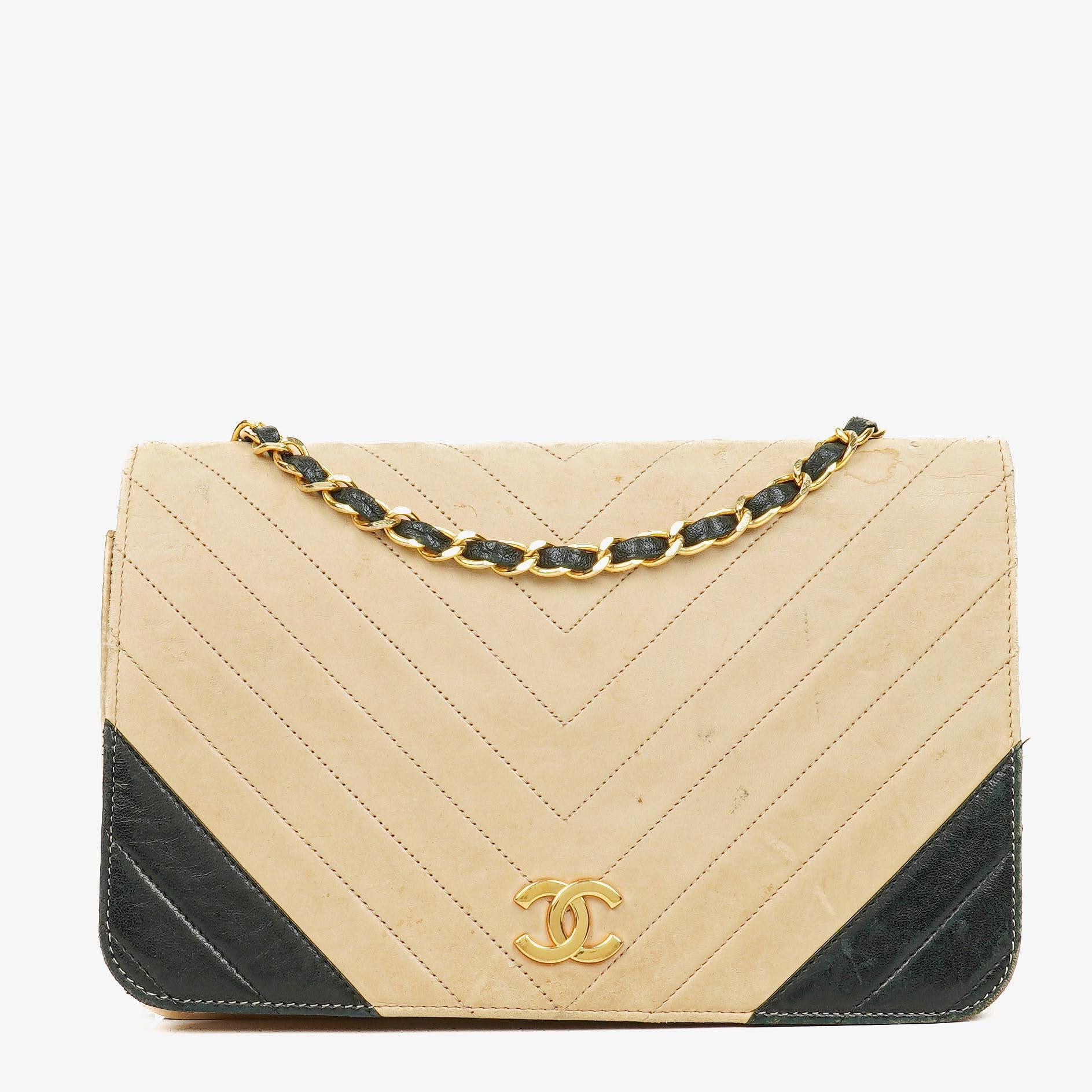 Chanel Classic Full Flap Bag Beige Chevron Quilted Leather 24K Gold-Plated Hardware