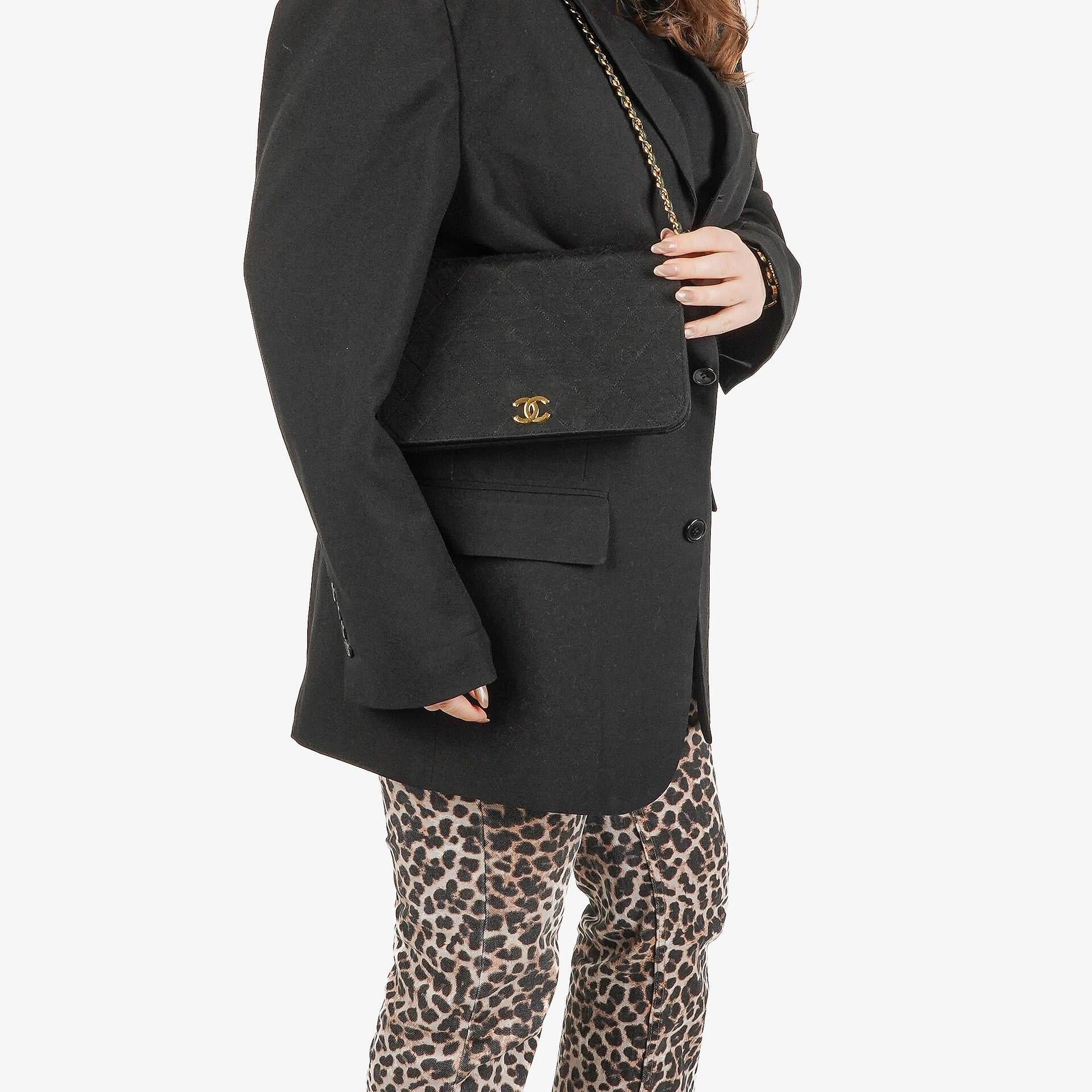 Chanel Classic Full Flap Bag Black Quilted Jersey And Leather 24K Gold-Plated Hardware