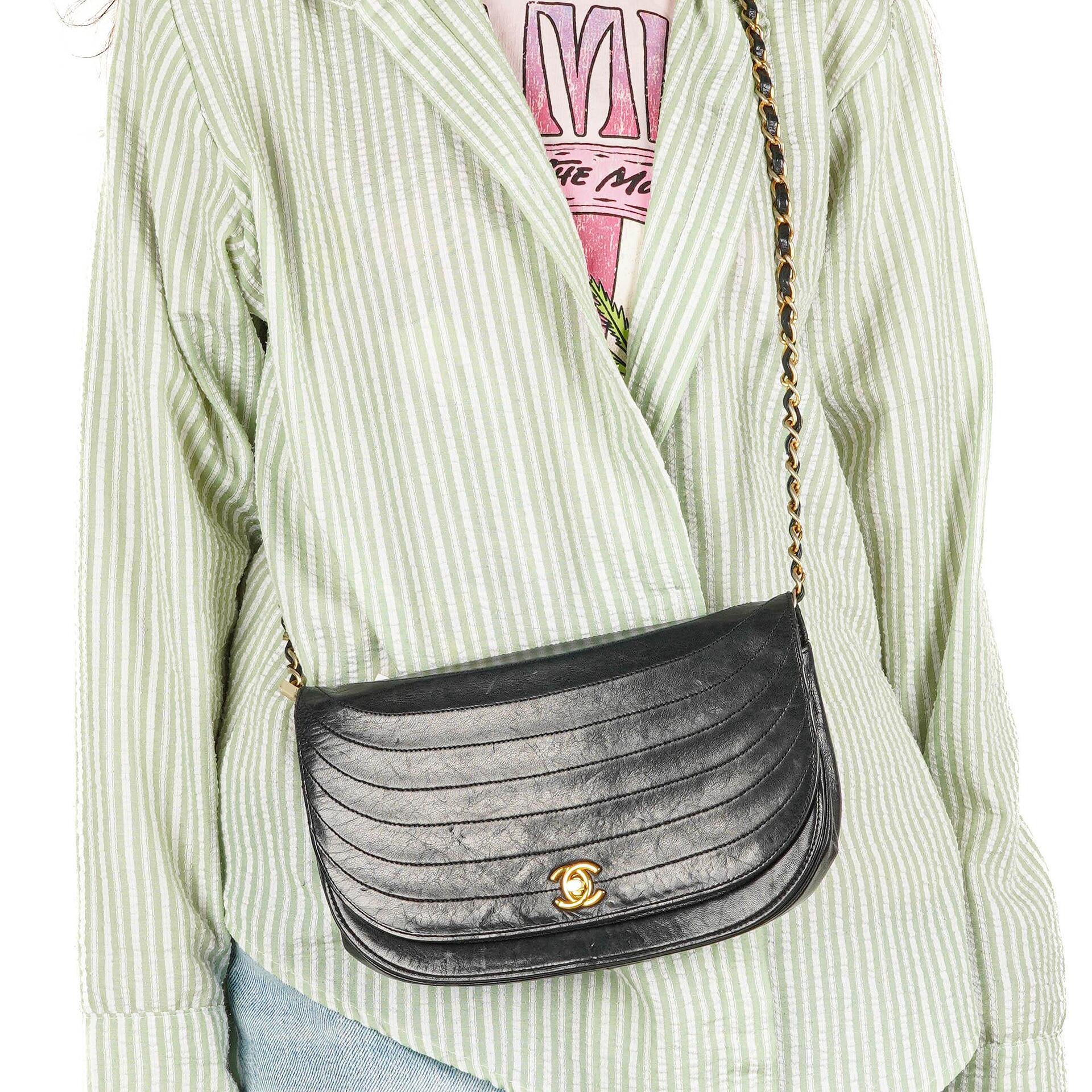 Chanel Classic Lambskin Half Moon Black Flap Bag With 24K Gold-Plated Hardware