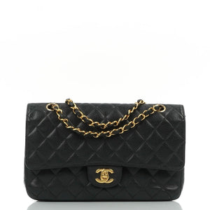 Chanel Classic Medium Double Flap Bag In Black Quilted Caviar Leather With 24K Gold-Plated Hardware