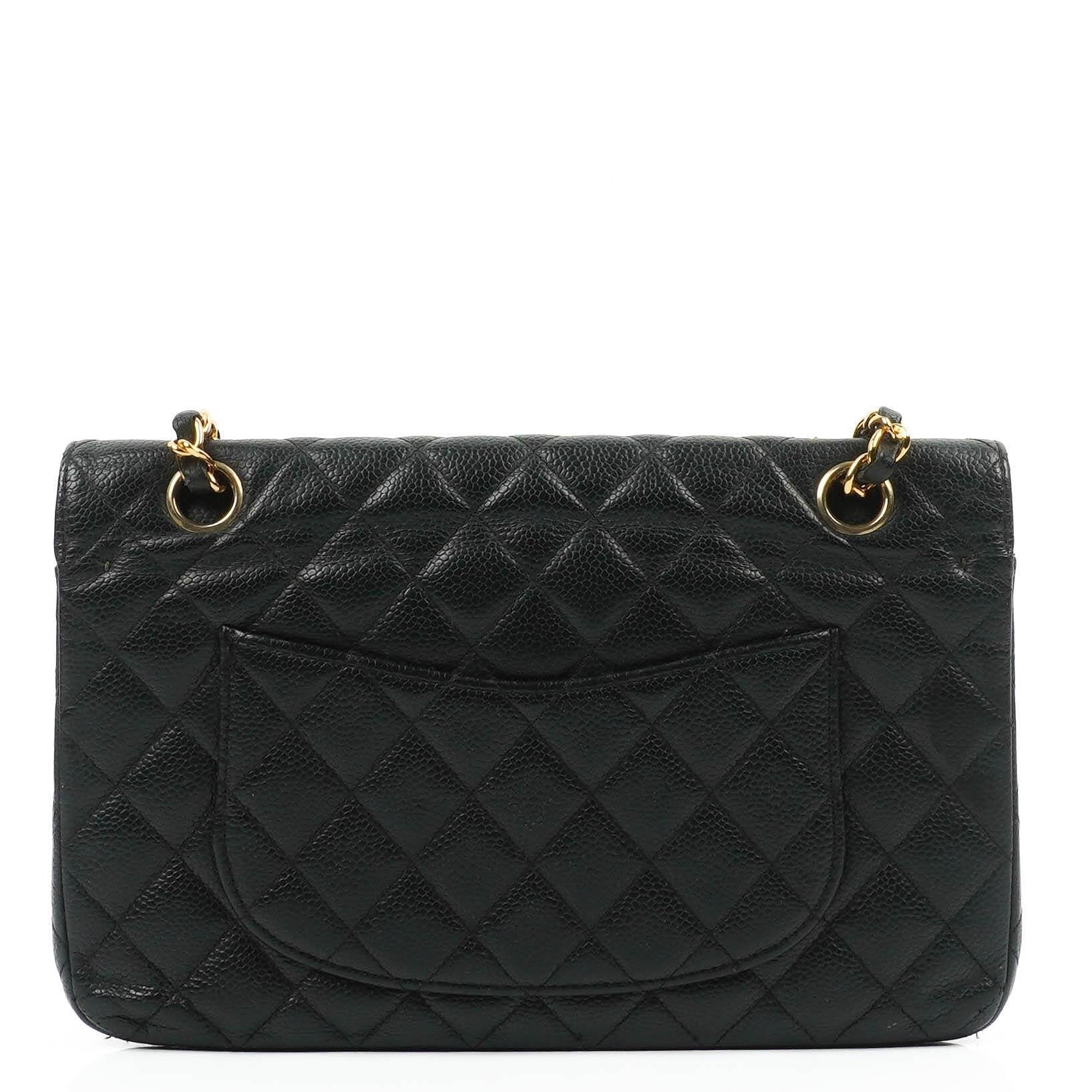Chanel Classic Medium Double Flap Bag In Black Quilted Caviar Leather With 24K Gold-Plated Hardware