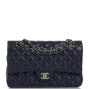 Chanel Classic Medium Double Flap Bag In Navy Quilted Caviar Leather And Silver-Tone Hardware