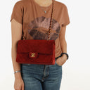 Chanel Classic Medium Double Flap Bag In Red Quilted Suede And 24K Gold-Plated Hardware