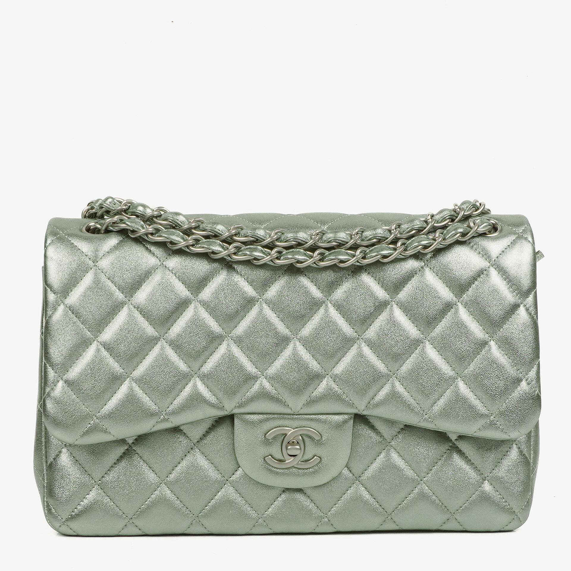 Chanel Classic Metallic Green Quilted Lambskin Jumbo Double Flap Bag