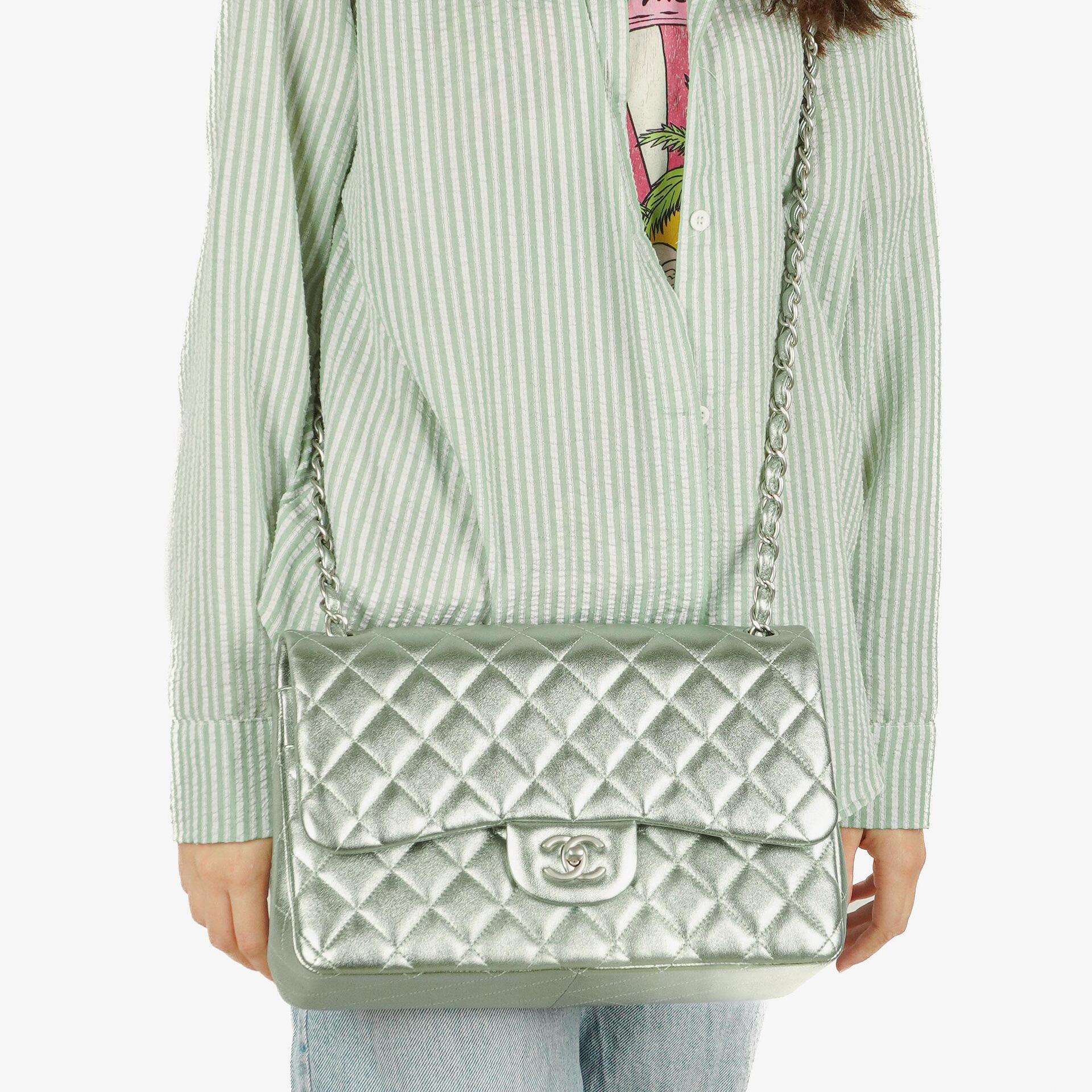 Chanel Classic Metallic Green Quilted Lambskin Jumbo Double Flap Bag