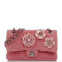 Chanel Classic Pink Tweed Crystal Bead Flower Embellished Quilted Medium Double Flap Bag With Silver Hardware