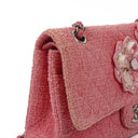 Chanel Classic Pink Tweed Crystal Bead Flower Embellished Quilted Medium Double Flap Bag With Silver Hardware