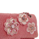 Chanel Classic Pink Tweed Crystal Bead Flower Embellished Quilted Medium Double Flap Bag With Silver Hardware