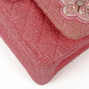 Chanel Classic Pink Tweed Crystal Bead Flower Embellished Quilted Medium Double Flap Bag With Silver Hardware