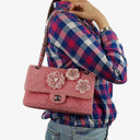 Chanel Classic Pink Tweed Crystal Bead Flower Embellished Quilted Medium Double Flap Bag With Silver Hardware