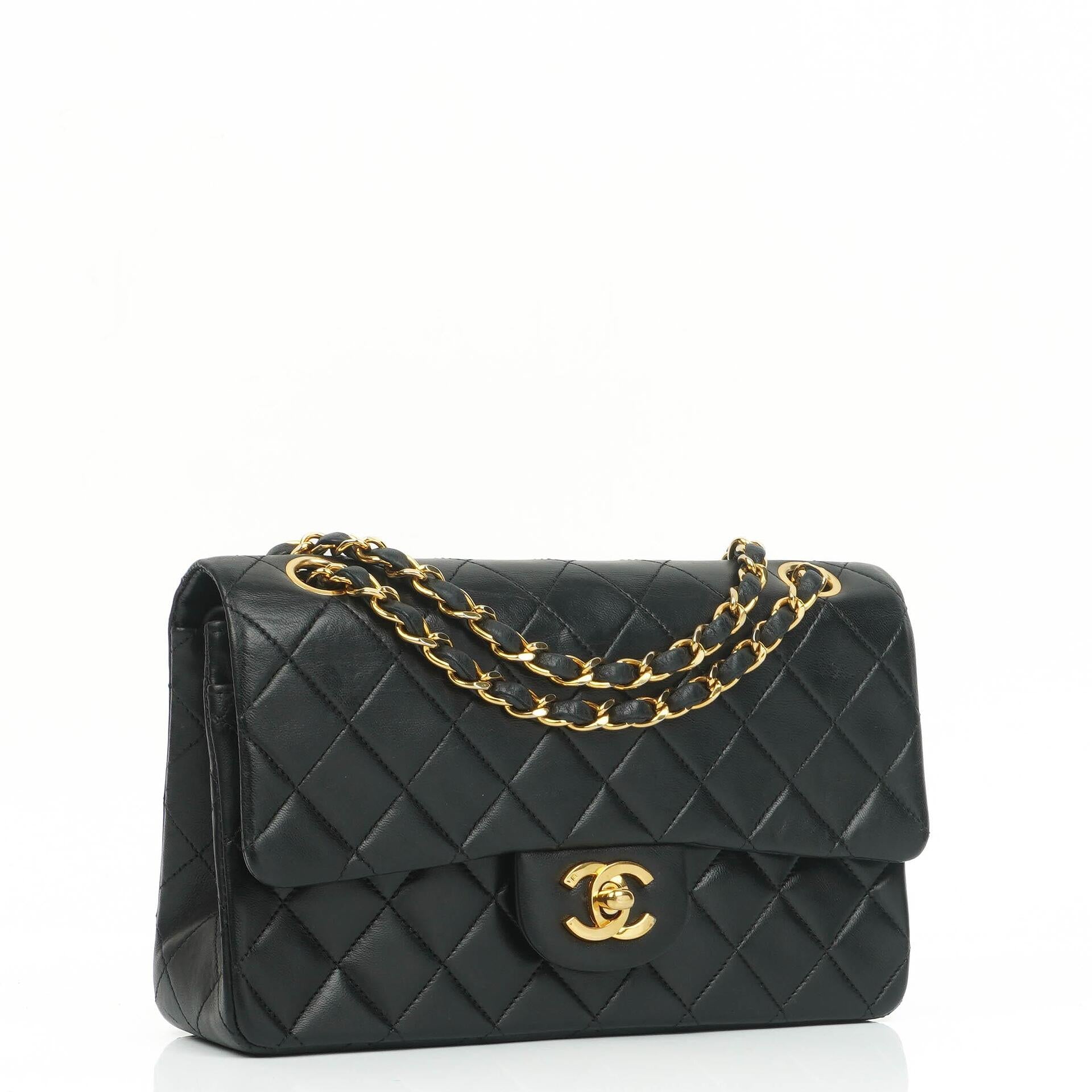 Chanel Classic Vintage Black Quilted Lambskin Small Double Flap Bag With 24K Gold-Plated Hardware