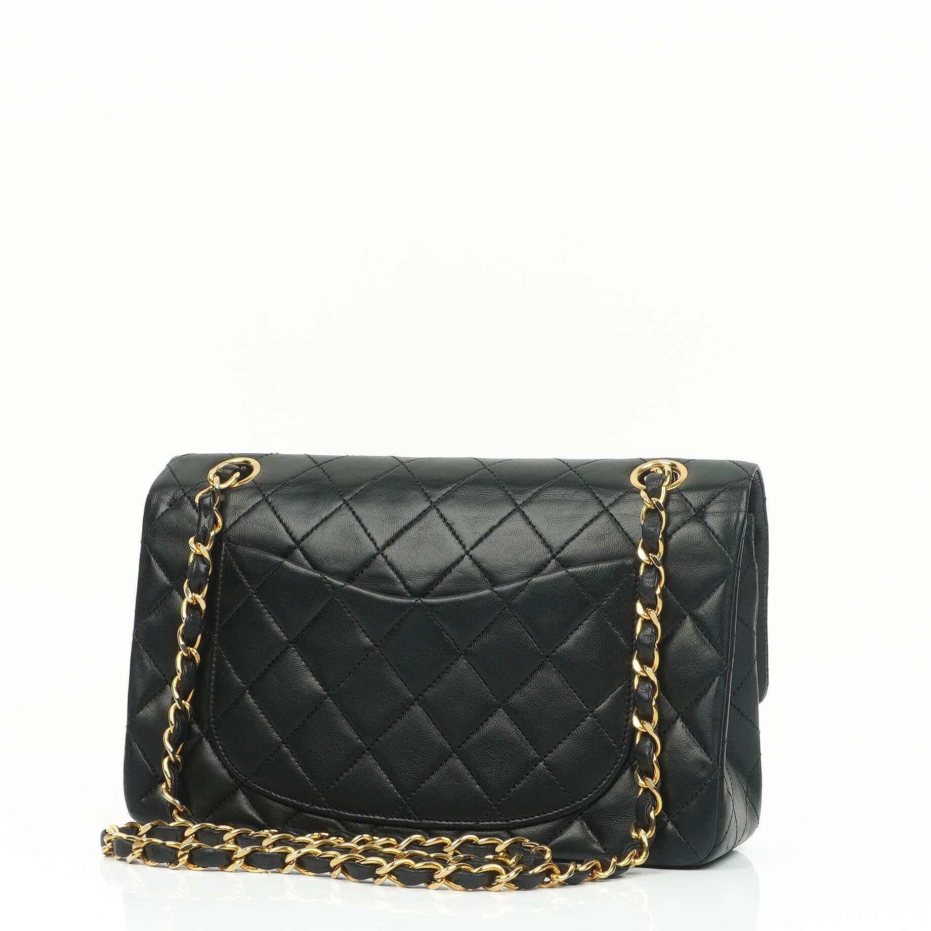 Chanel Classic Vintage Black Quilted Lambskin Small Double Flap Bag With 24K Gold-Plated Hardware